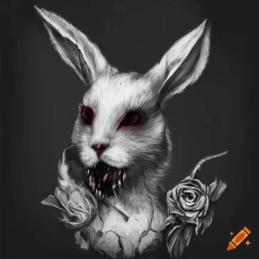 Black and white gothic rabbit monster with fangs and a rose on Craiyon