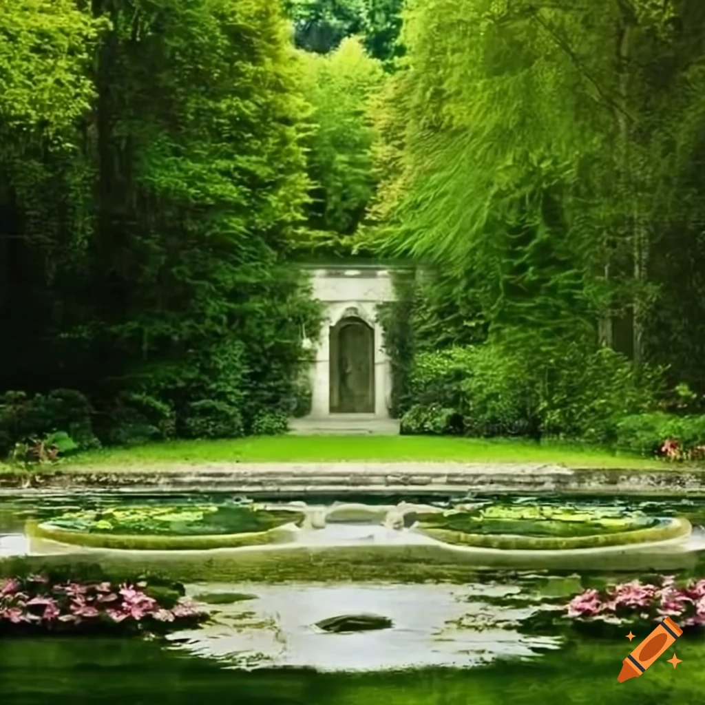 White rococo garden with pond and flowerbeds on Craiyon