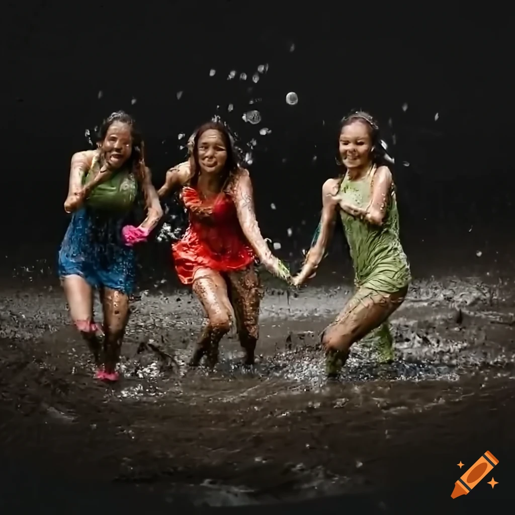 group of women running barefoot in a muddy pit