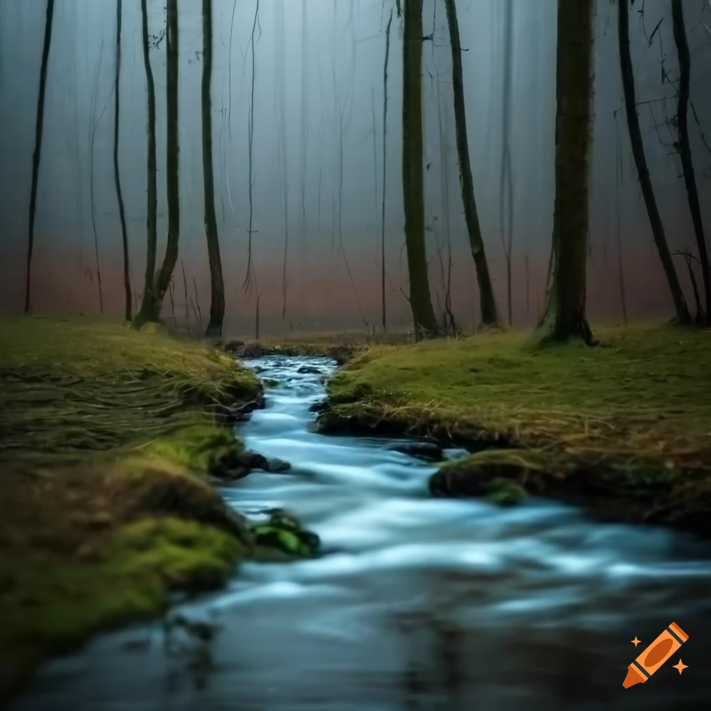 Ominous stream flowing from the woods into a field