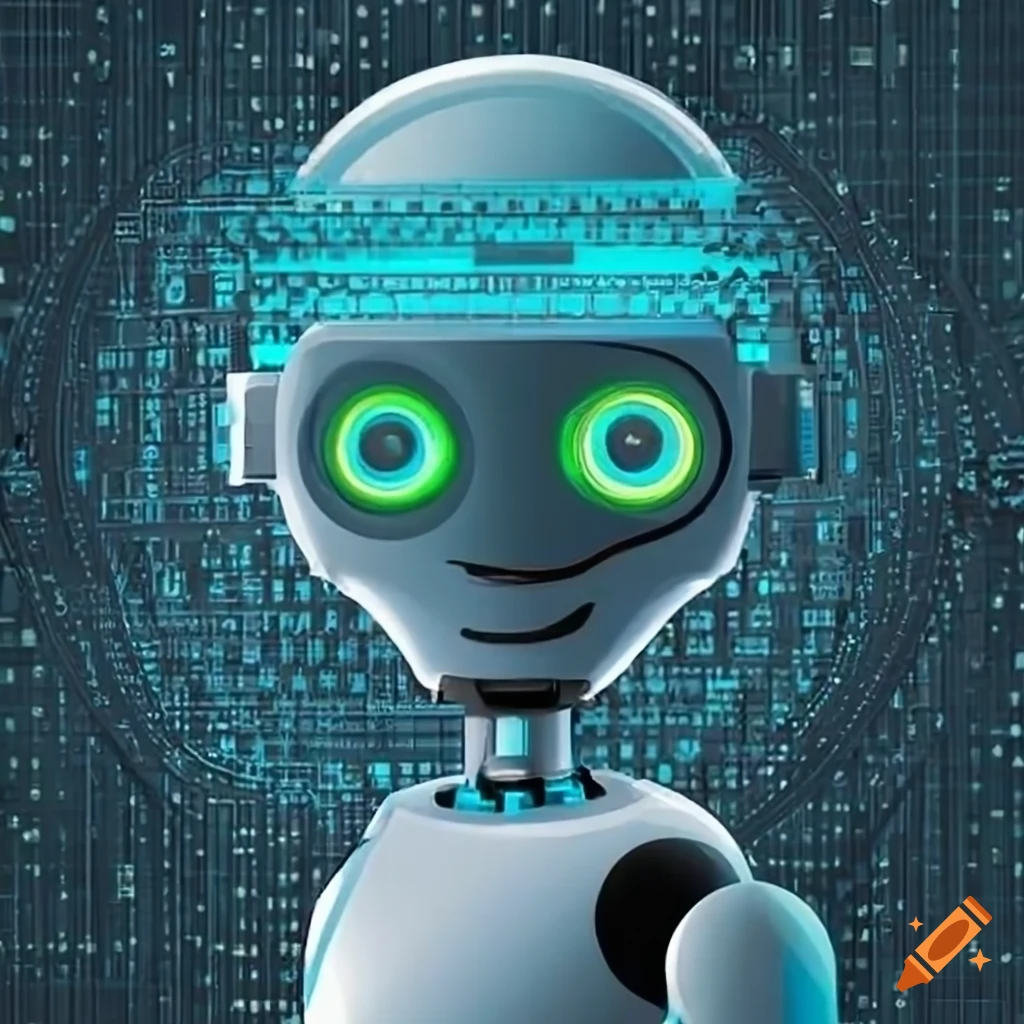 factory robot surrounded by computer code