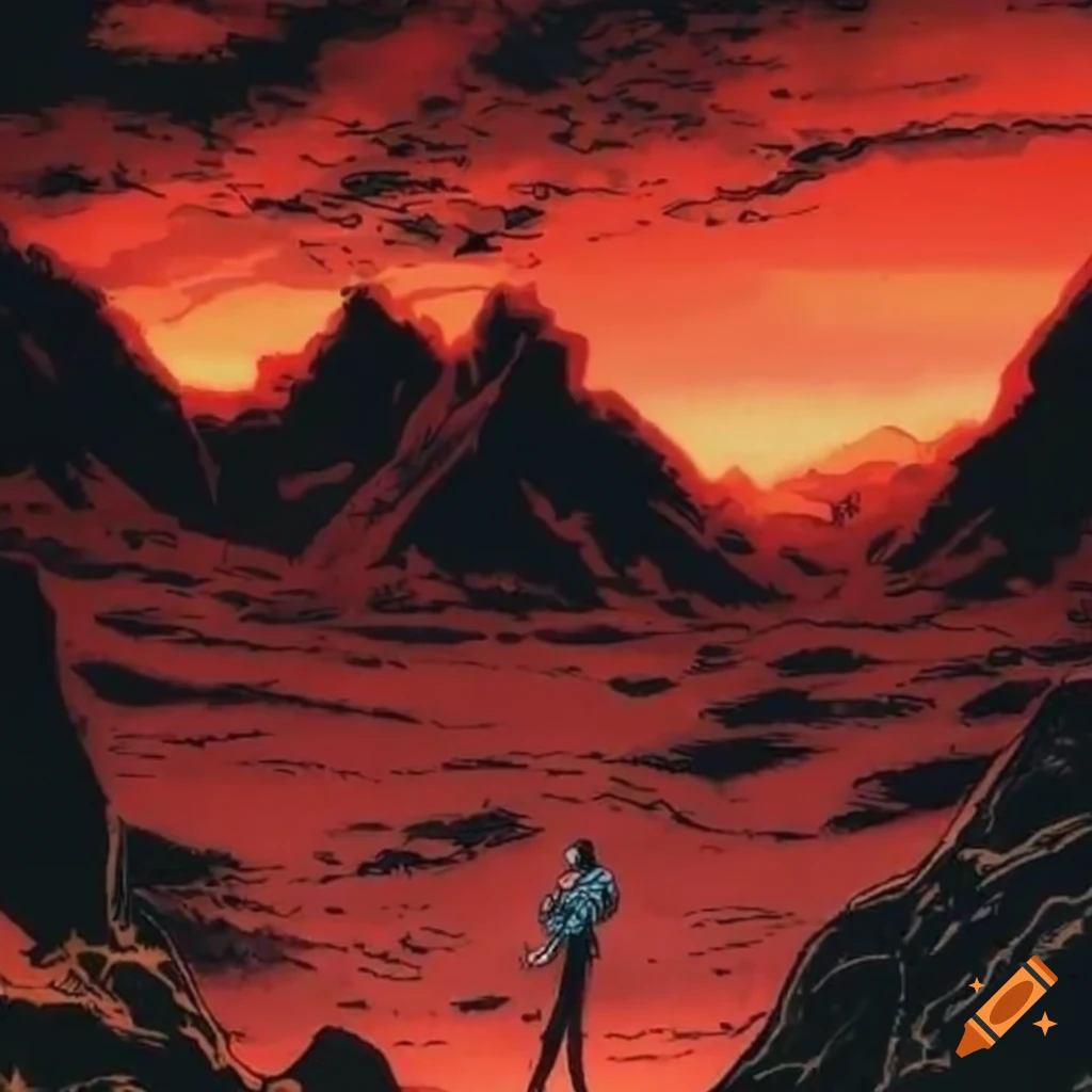 gritty manga cover with red mountains and stormy sky