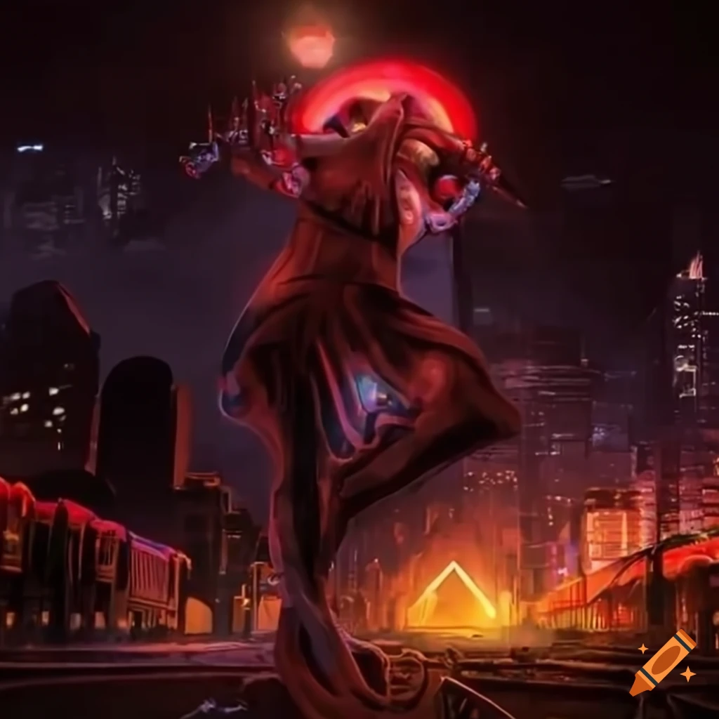 Art of a demon playing trumpet on train tracks at night on Craiyon