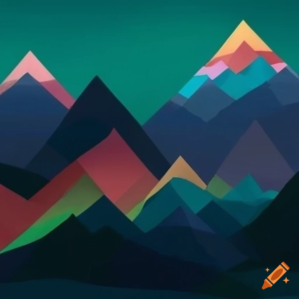 geometric art of mountains, lakes, and forest in vibrant colors