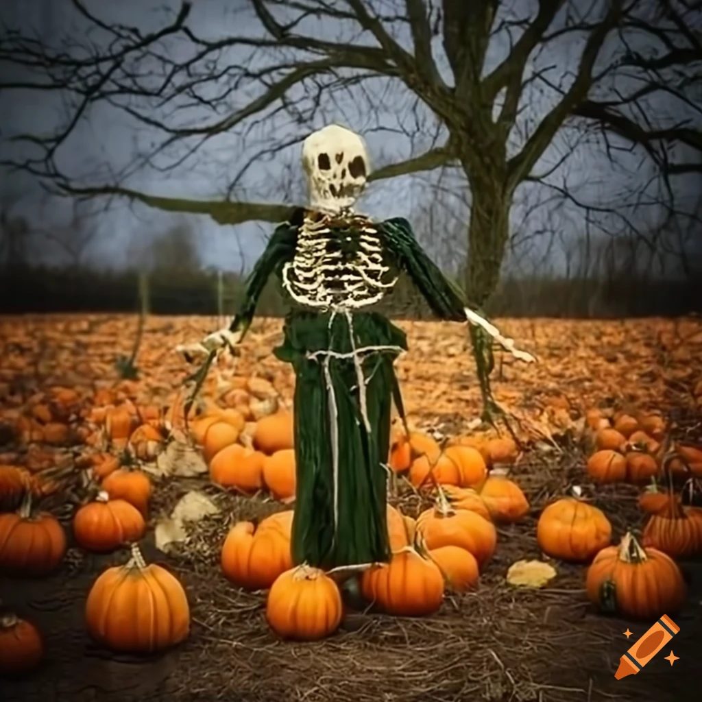 Scary skeleton scarecrow in a pumpkin field