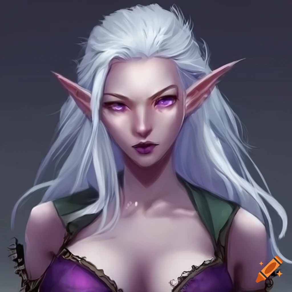 art of a white-haired female elf with purple eyes