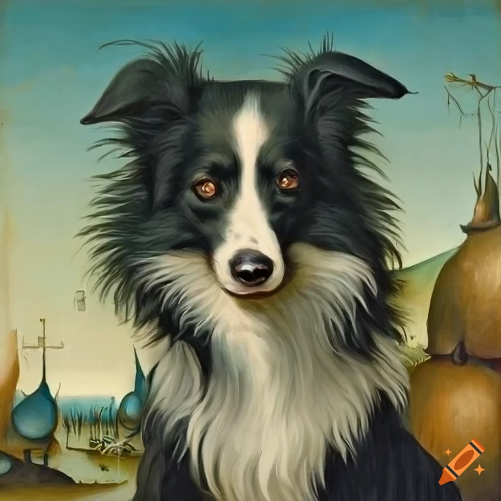 Border Collie playing fetch in Hieronymus Bosch style
