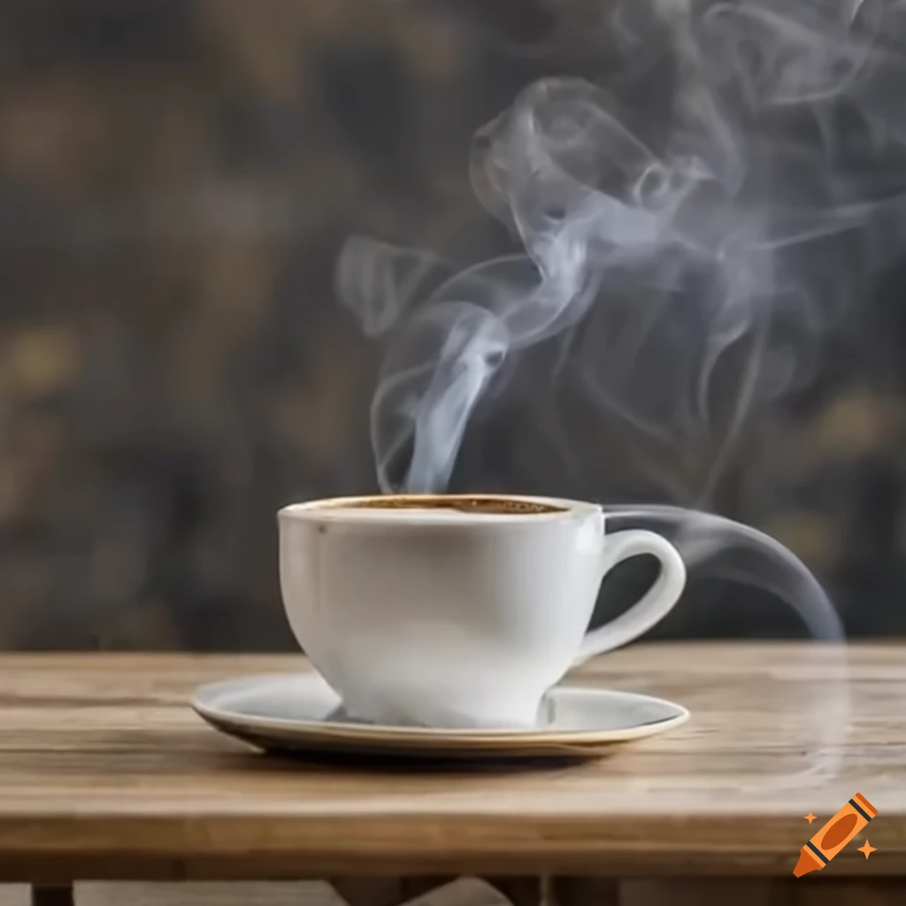 hyper realistic photo of coffee cup with smoke and a view of storm
