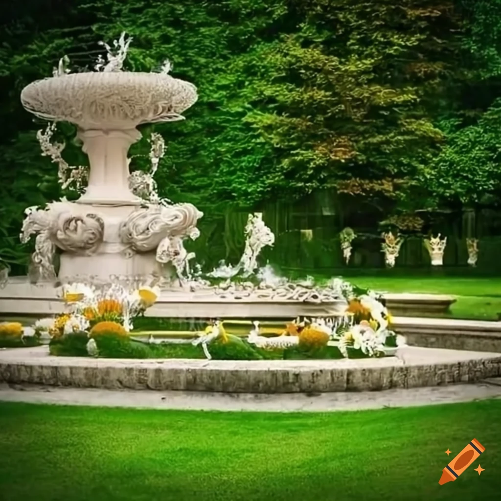 elegant garden with a fountain and flowerbeds