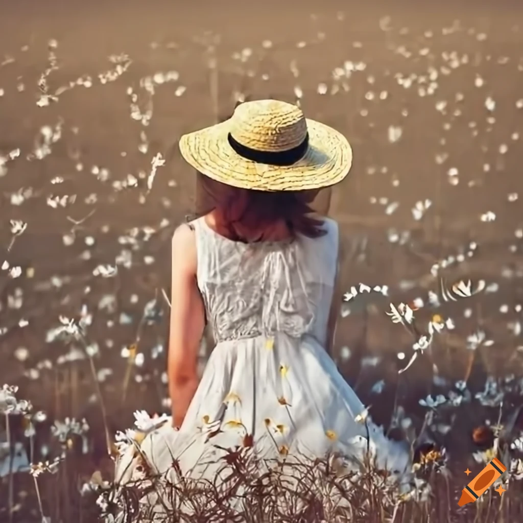 Woman in white sundress holding a daisy in a field