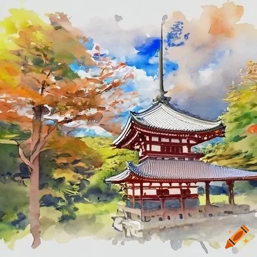 Watercolor art of a beautiful scenery in nara prefecture, japan on Craiyon