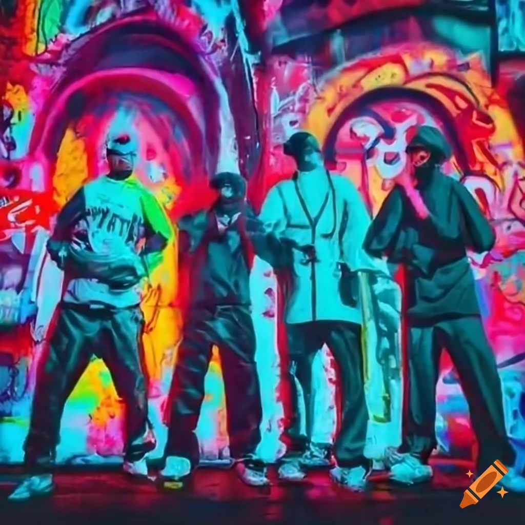 rappers posing in front of neon graffiti