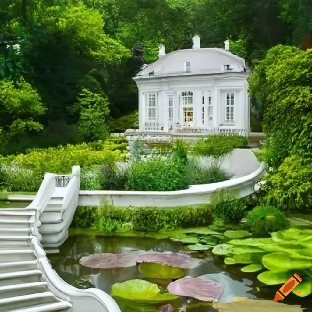 baroque garden with a pond and white house