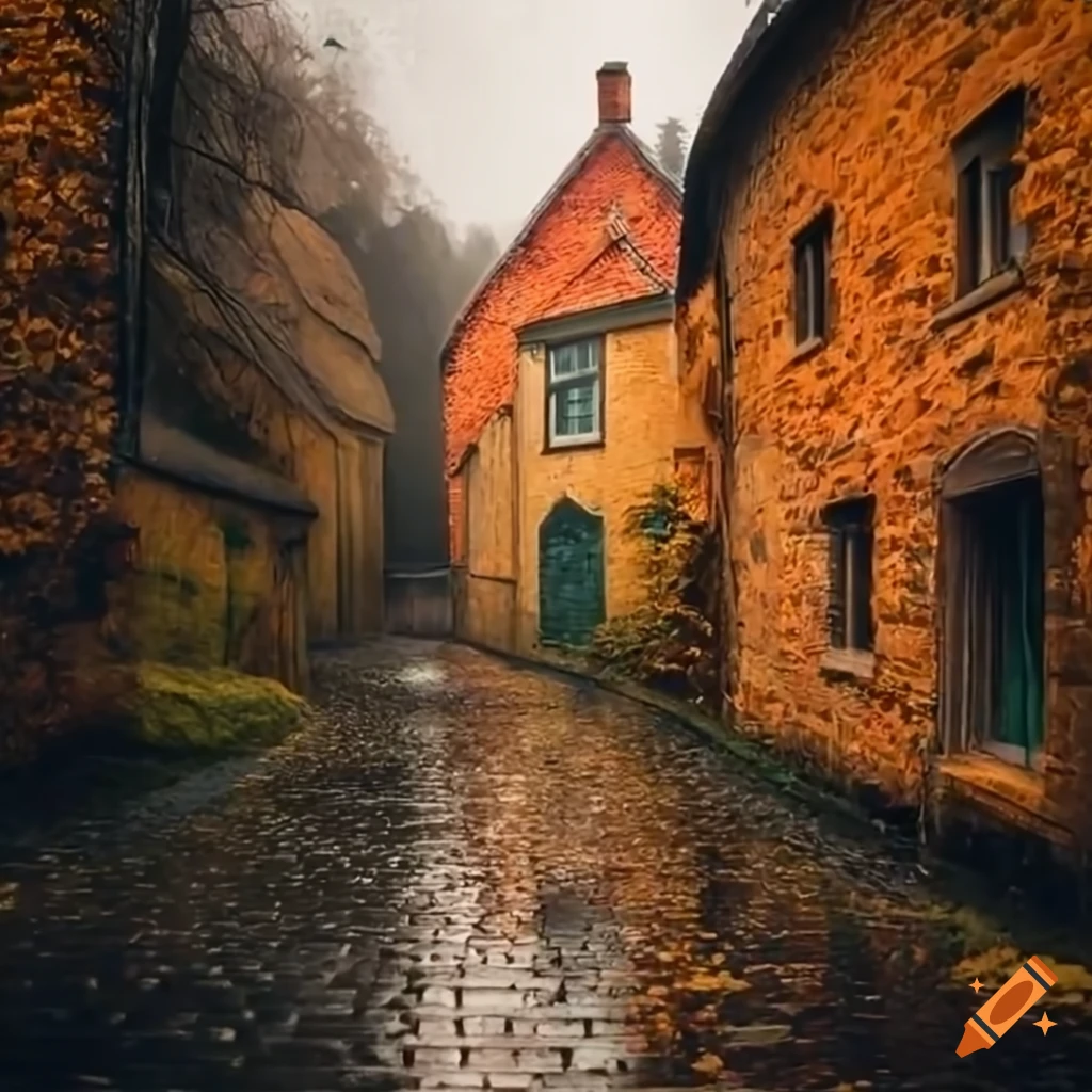 autumn village in the rain