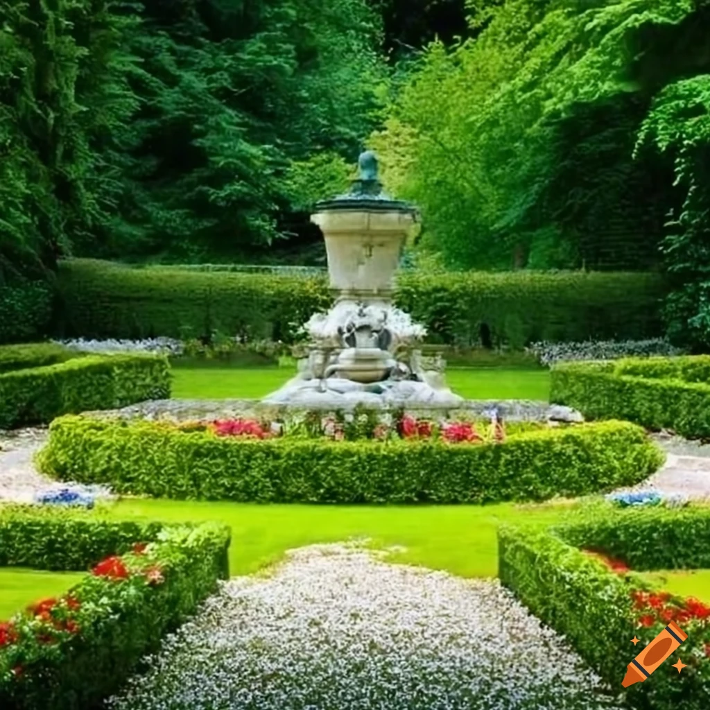 white rococo garden with flowerbeds and stairs