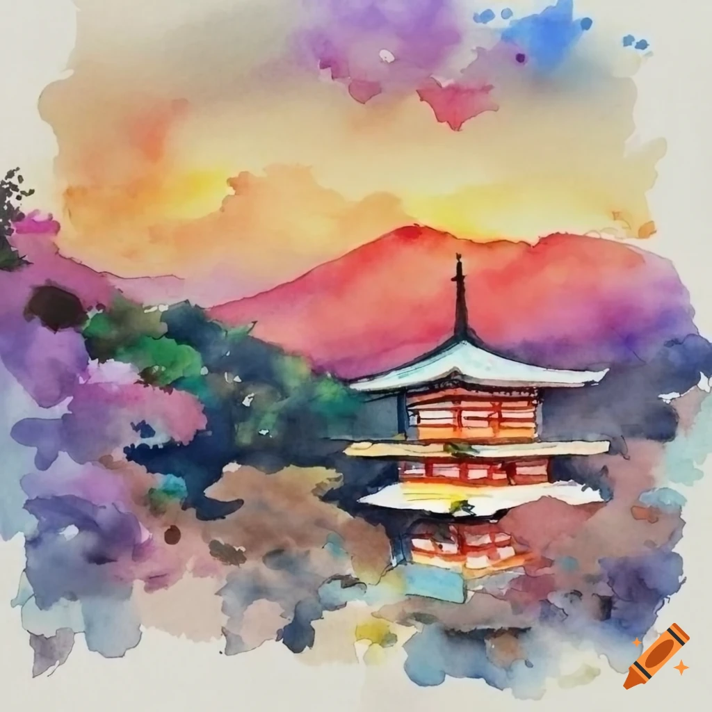 watercolor illustration of beautiful Kyoto scenery