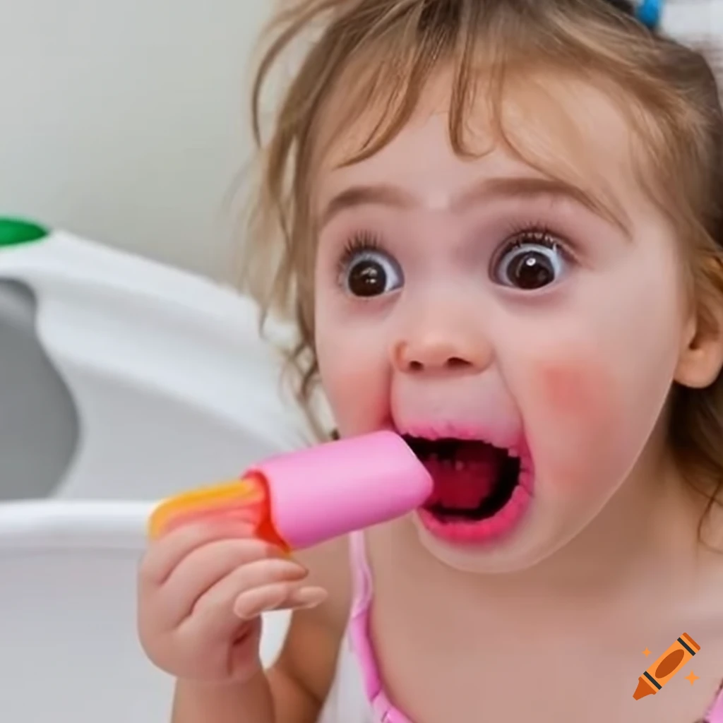 surprised toddler girl enjoying popsicle during bath