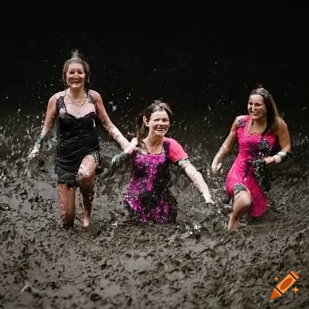 group of women running barefoot in a muddy pit