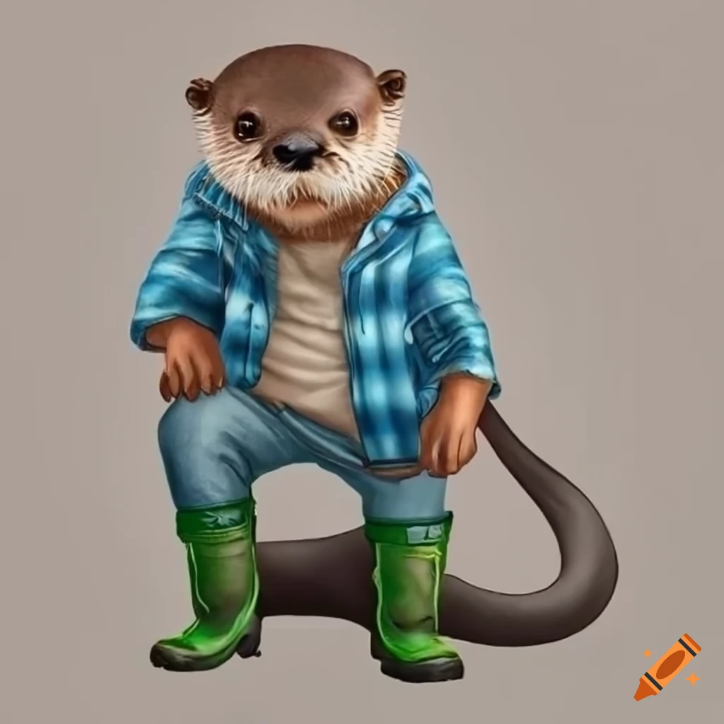 realistic otter wearing jeans and green wellington boots and check shirt