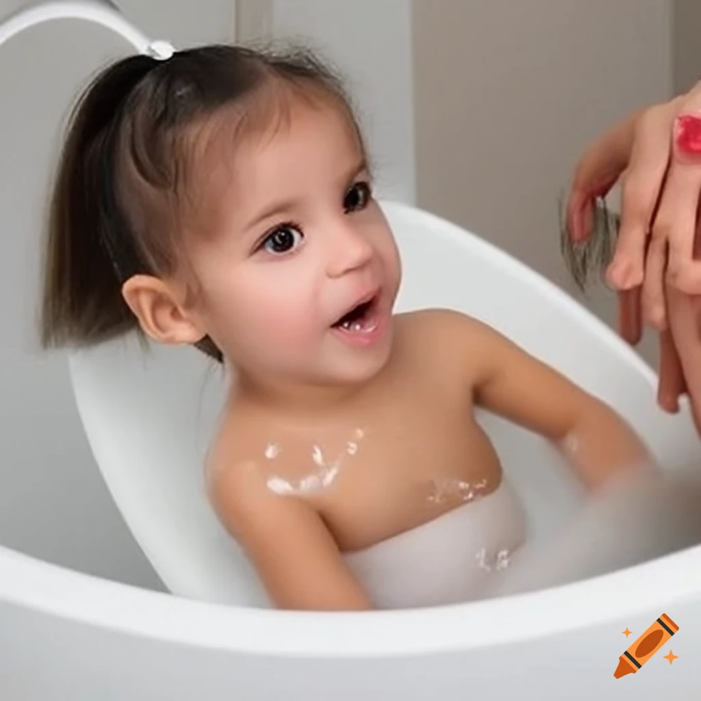 Brazilian toddler girl enjoying a popsicle during bath time