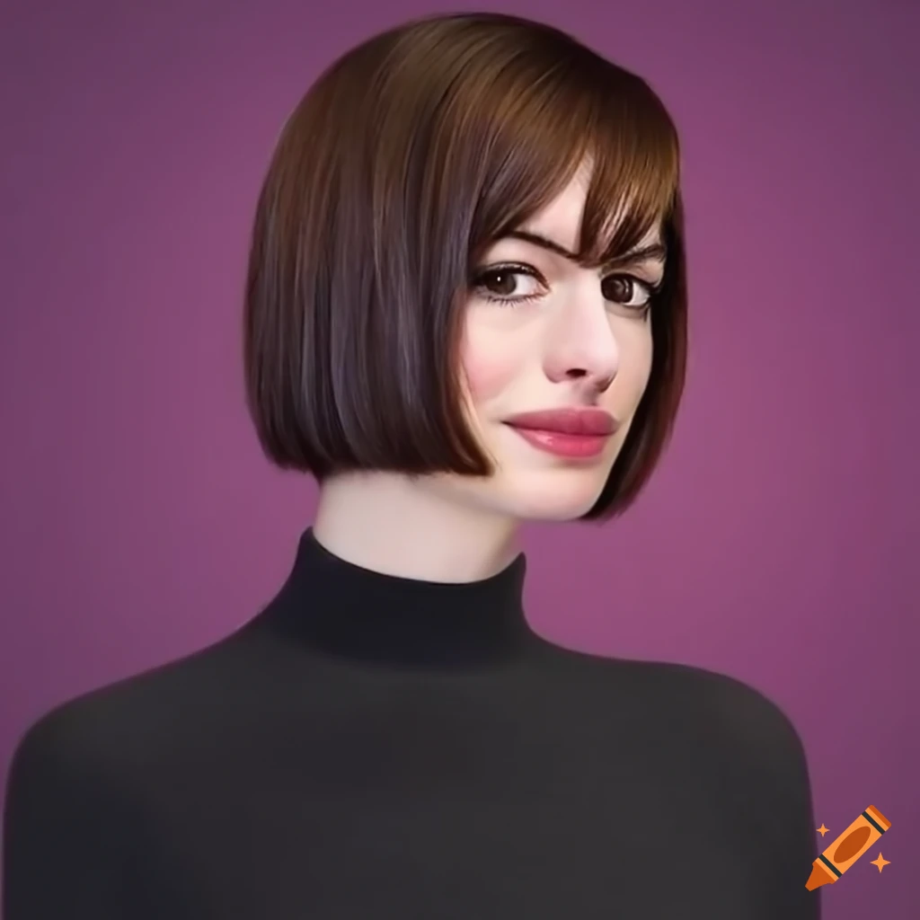 Anne Hathaway with a bob haircut and black turtleneck sweater