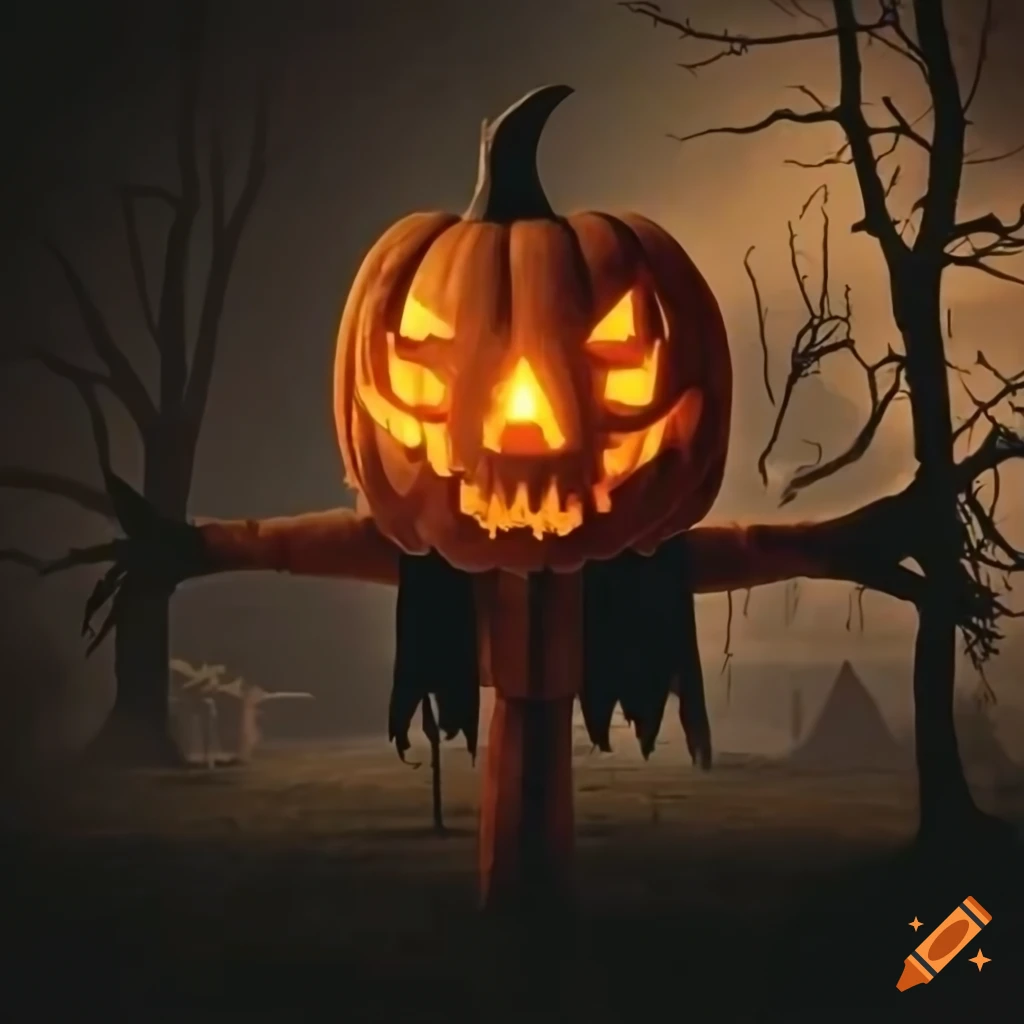spooky scarecrow surrounded by scary trees