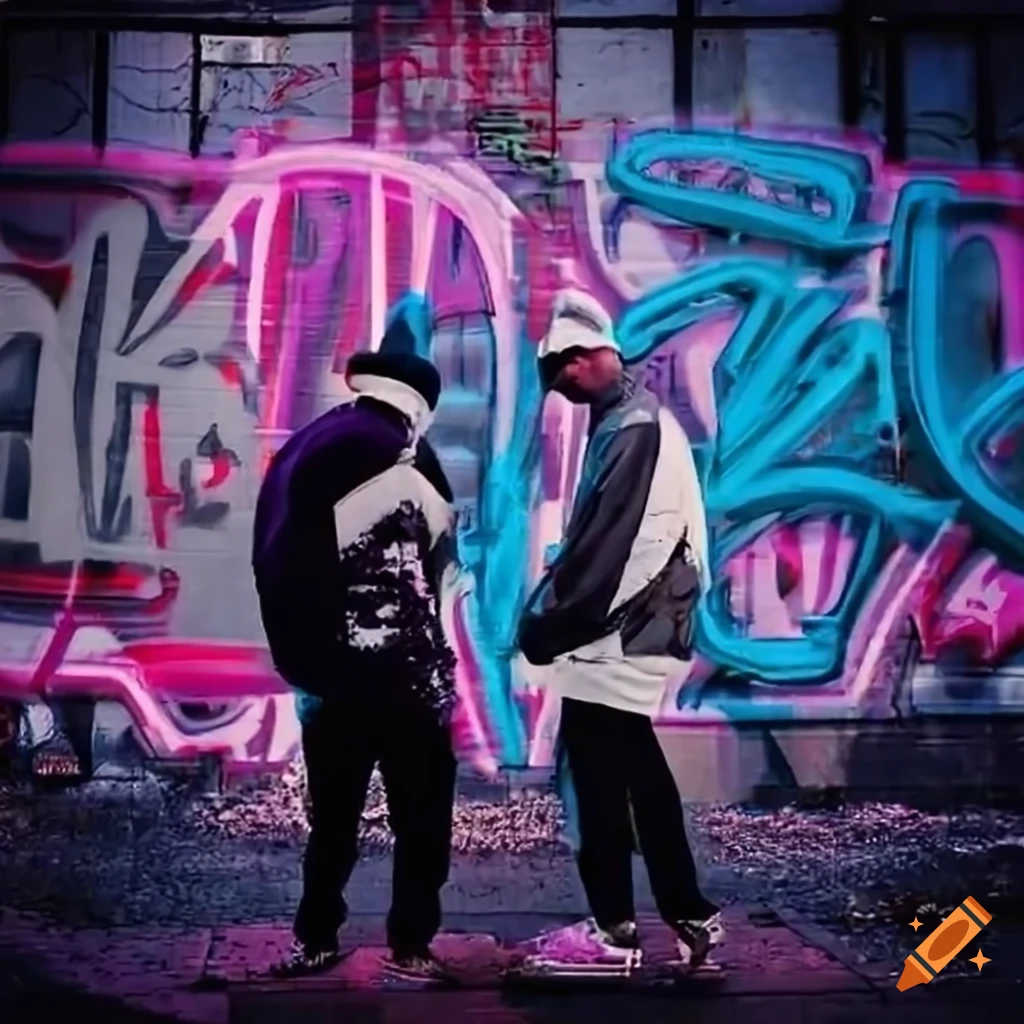 Rappers posing in front of neon graffiti on Craiyon