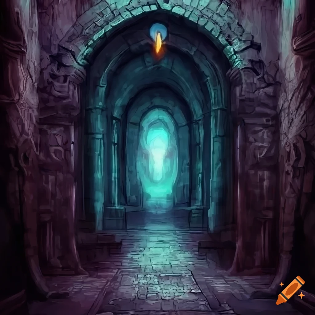 Digital artwork of a dark dungeon hallway with a torch