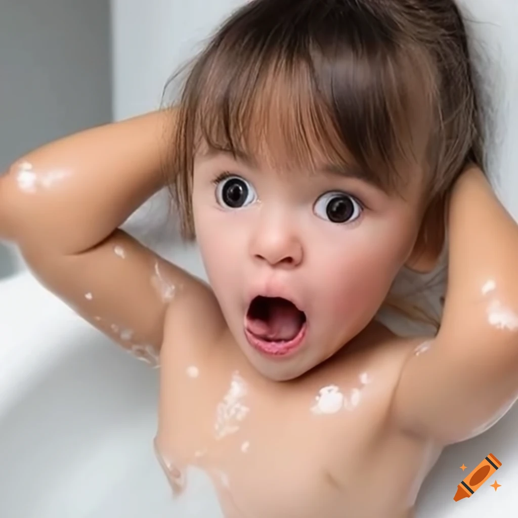 surprised toddler girl with straight hair and pigtails eating a white popsicle during bath time
