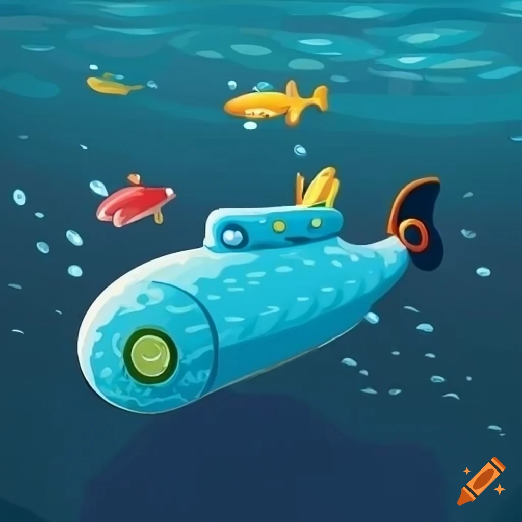 Cartoon illustration of a submarine underwater on Craiyon