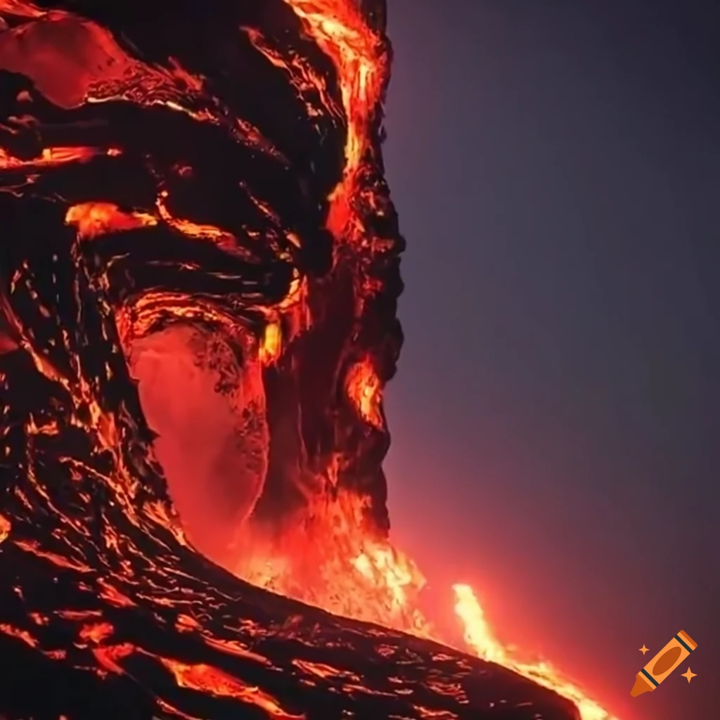 surfer riding a wave of molten lava at night