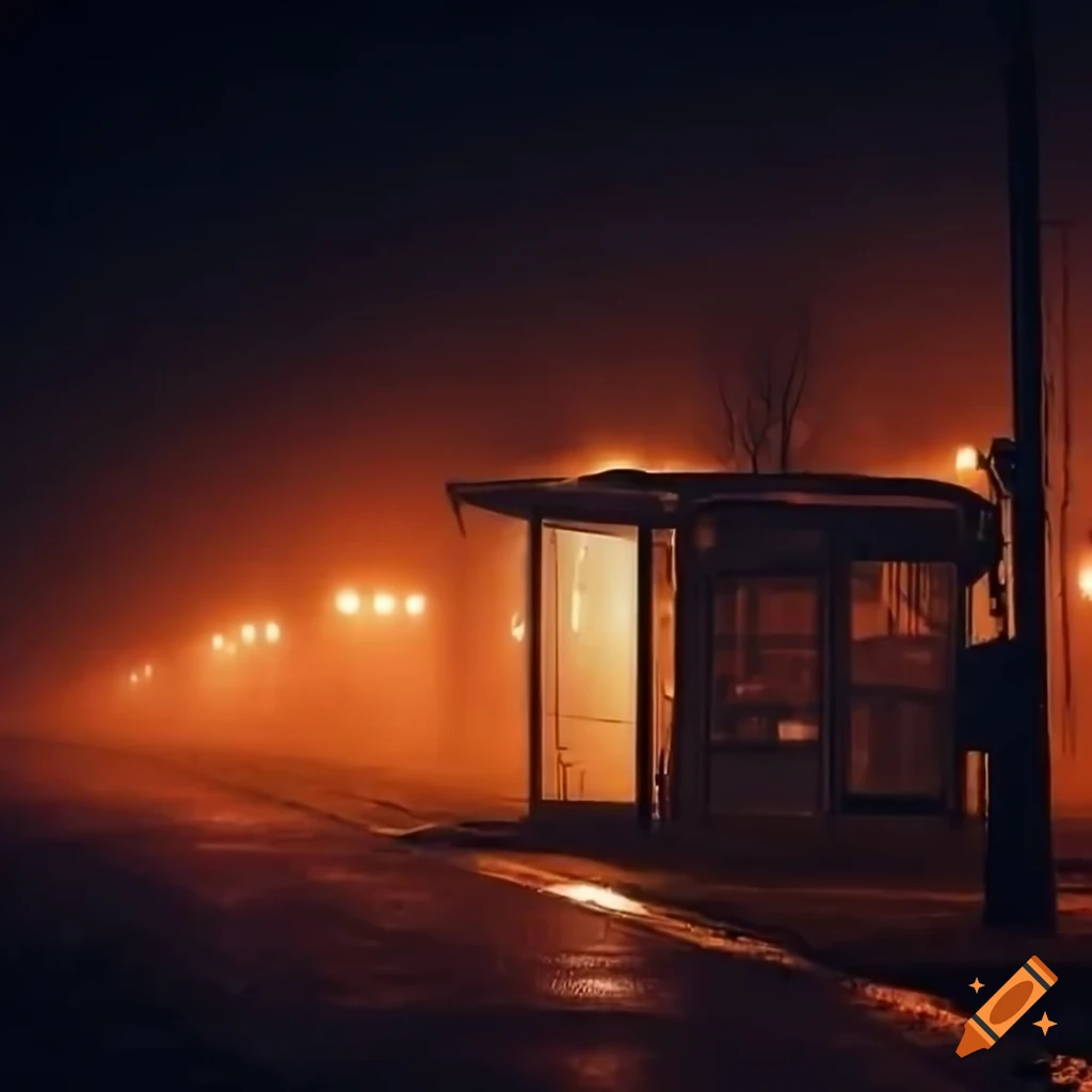 cinematic foggy night at a bus stop