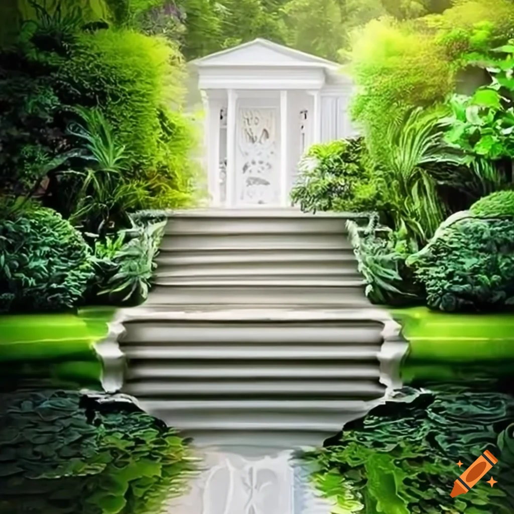 baroque garden with white house and pond