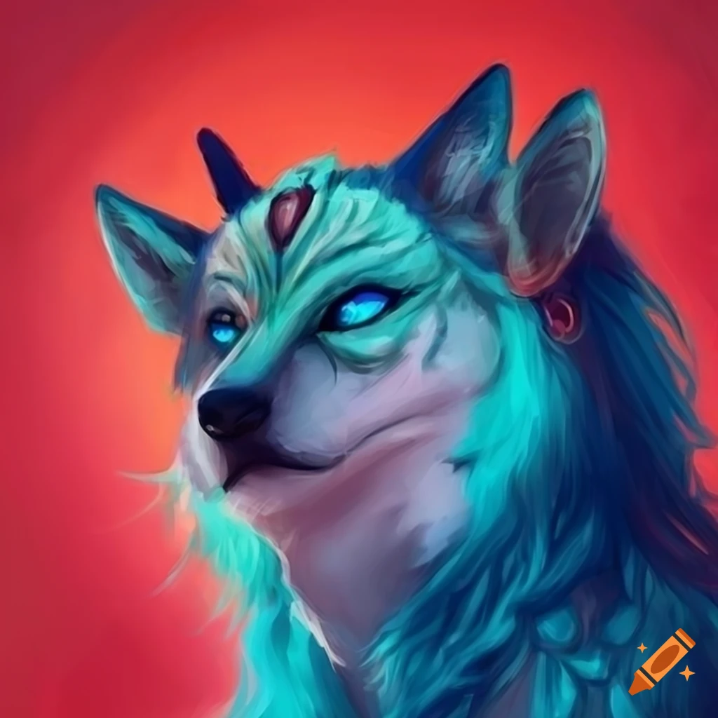 Protogen with blue eyes and red fur