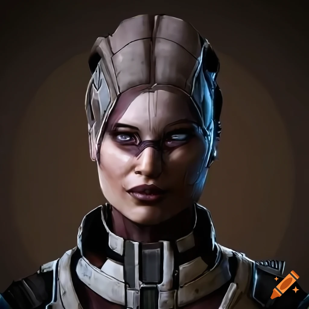 Illustration Of A Female Character From Mass Effect With Big Horn Helmet On Craiyon