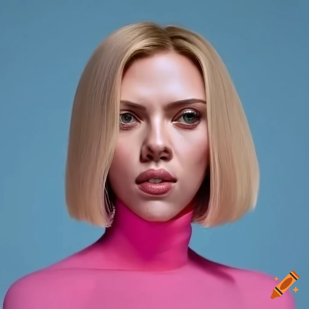 Portrait of scarlett johansson with a bob haircut and pink turtleneck ...