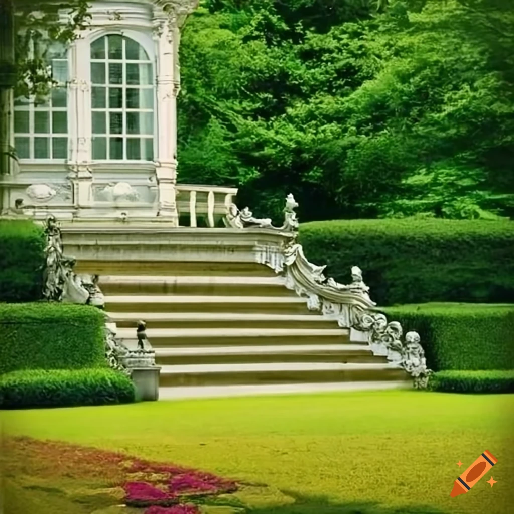 White rococo garden with stairs and flowerbeds on Craiyon
