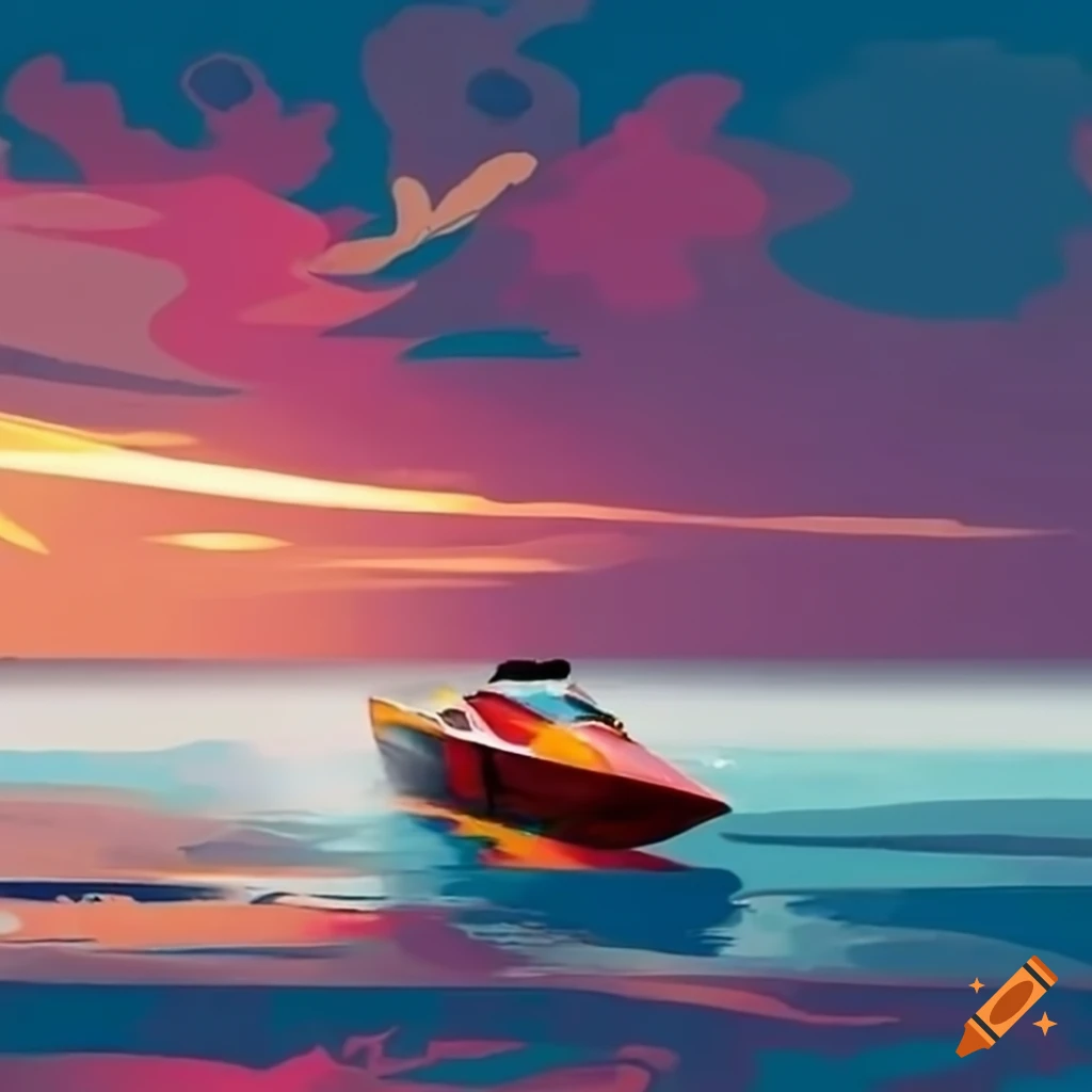 Draw a realistic photo of a speedboat with a sunset in the background