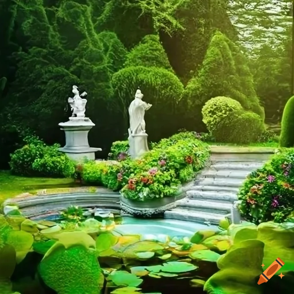 luxurious baroque garden with a pond and stucco ornaments