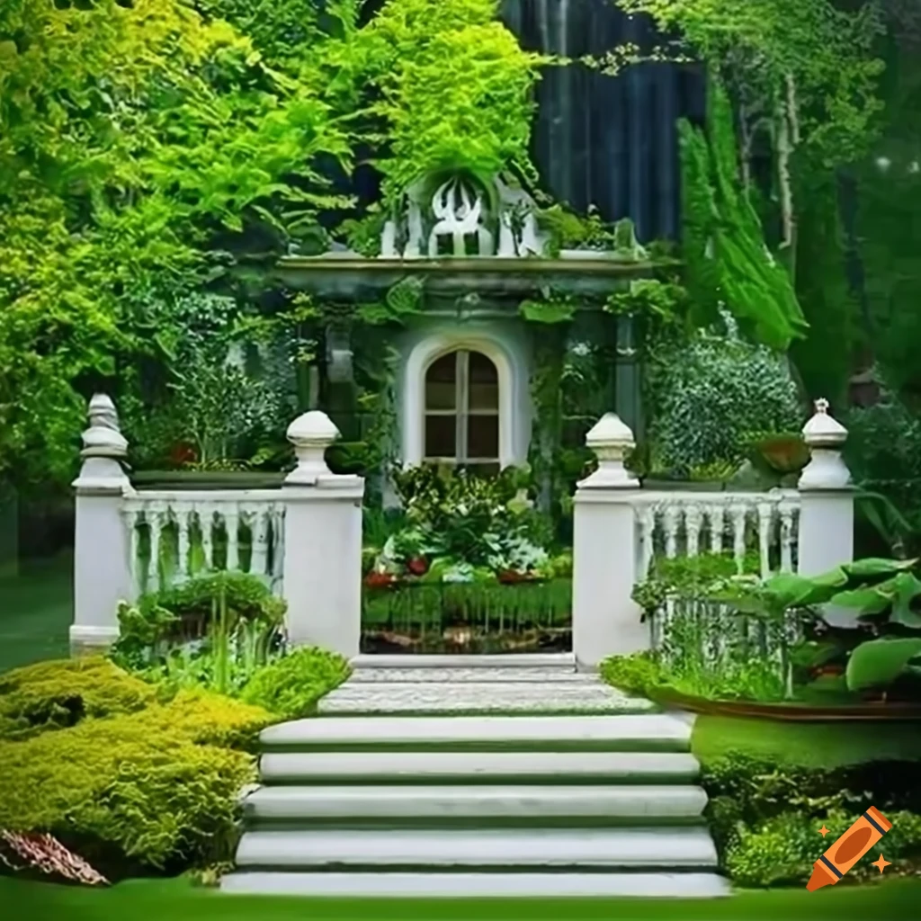 leafy garden with a high baroque house and white stairs
