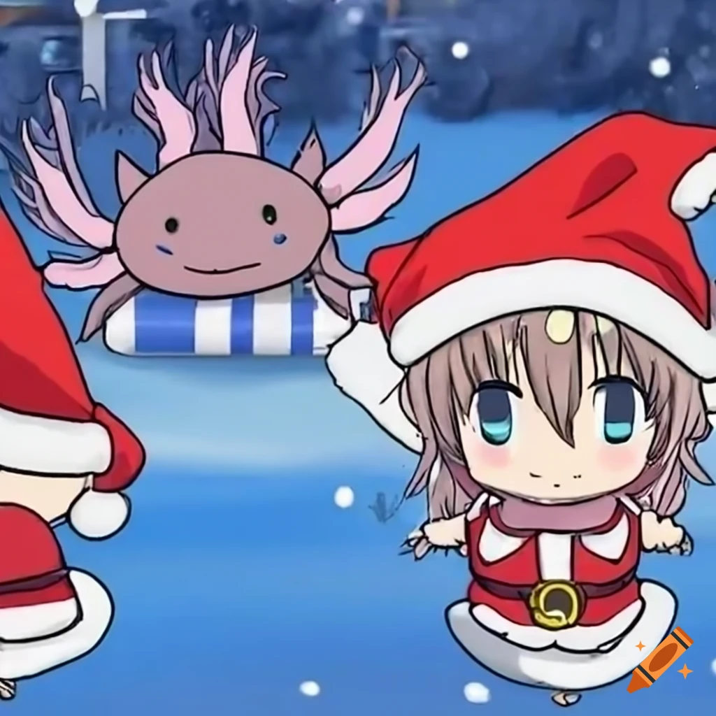 cute axolotl dressed as Santa delivering gifts