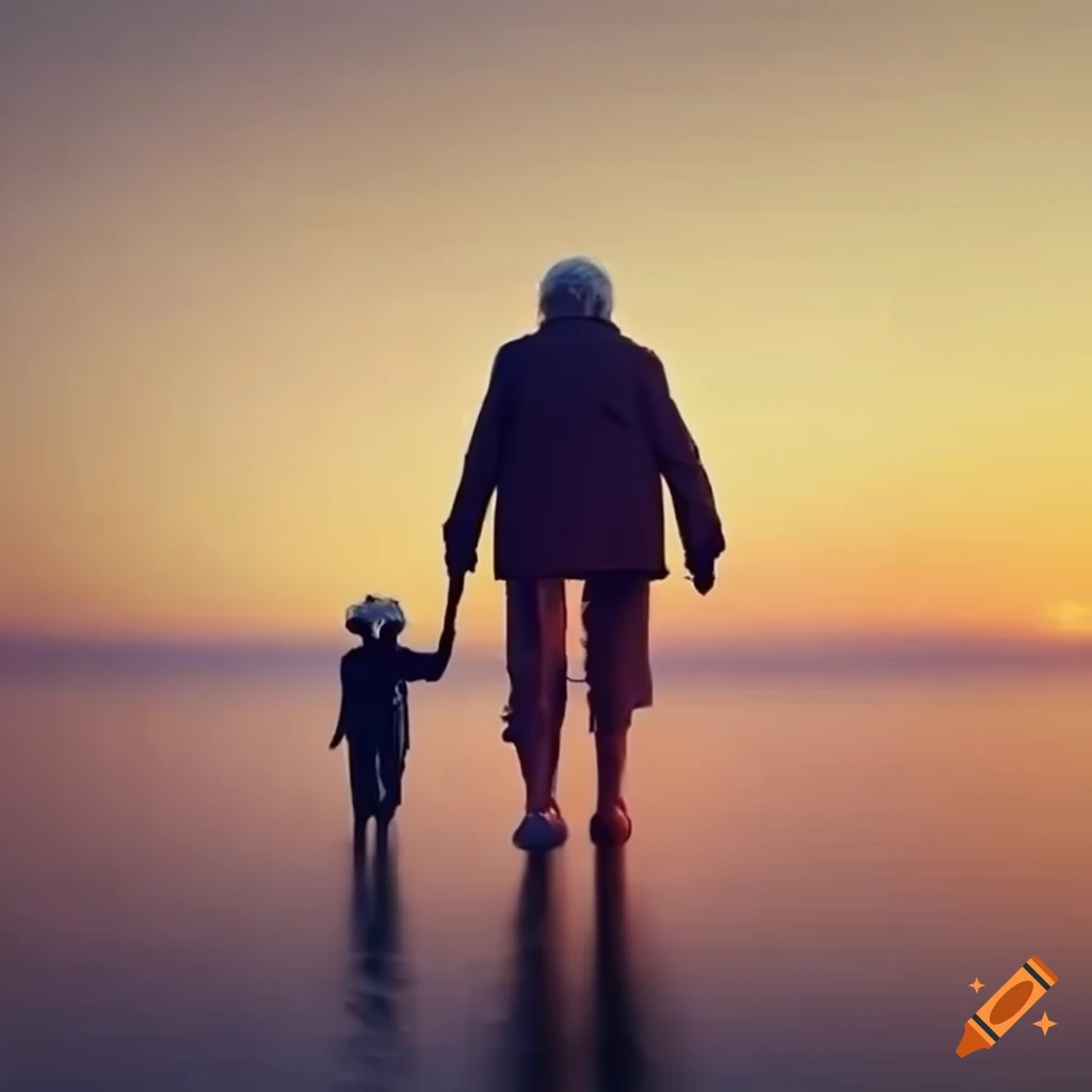 imagen de un abuelo caminando con su nieto al amanecer