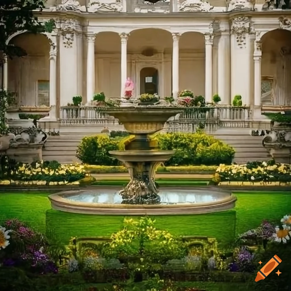 elegant garden with a fountain and flowerbeds