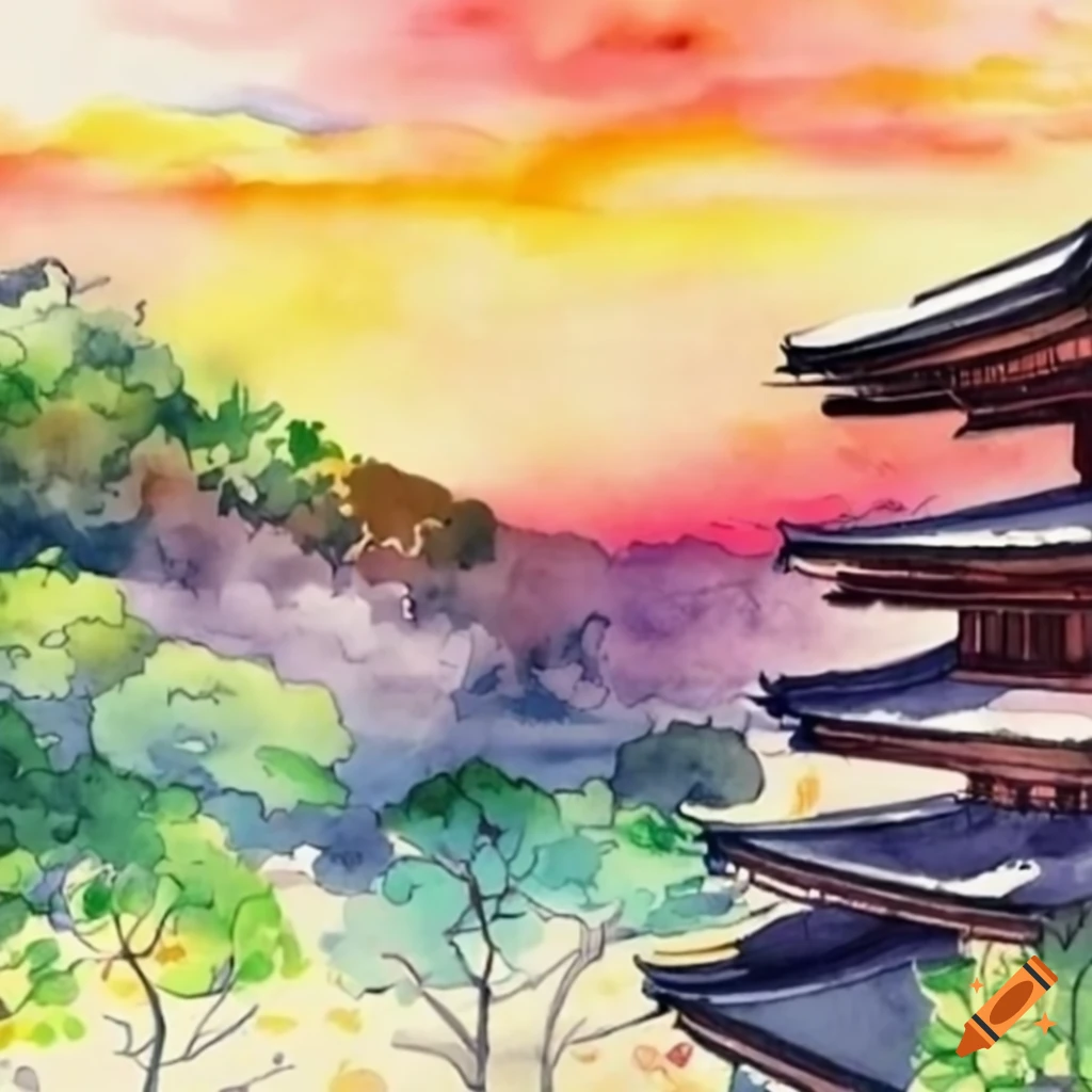 watercolor art of a beautiful scenery in Nara Prefecture, Japan