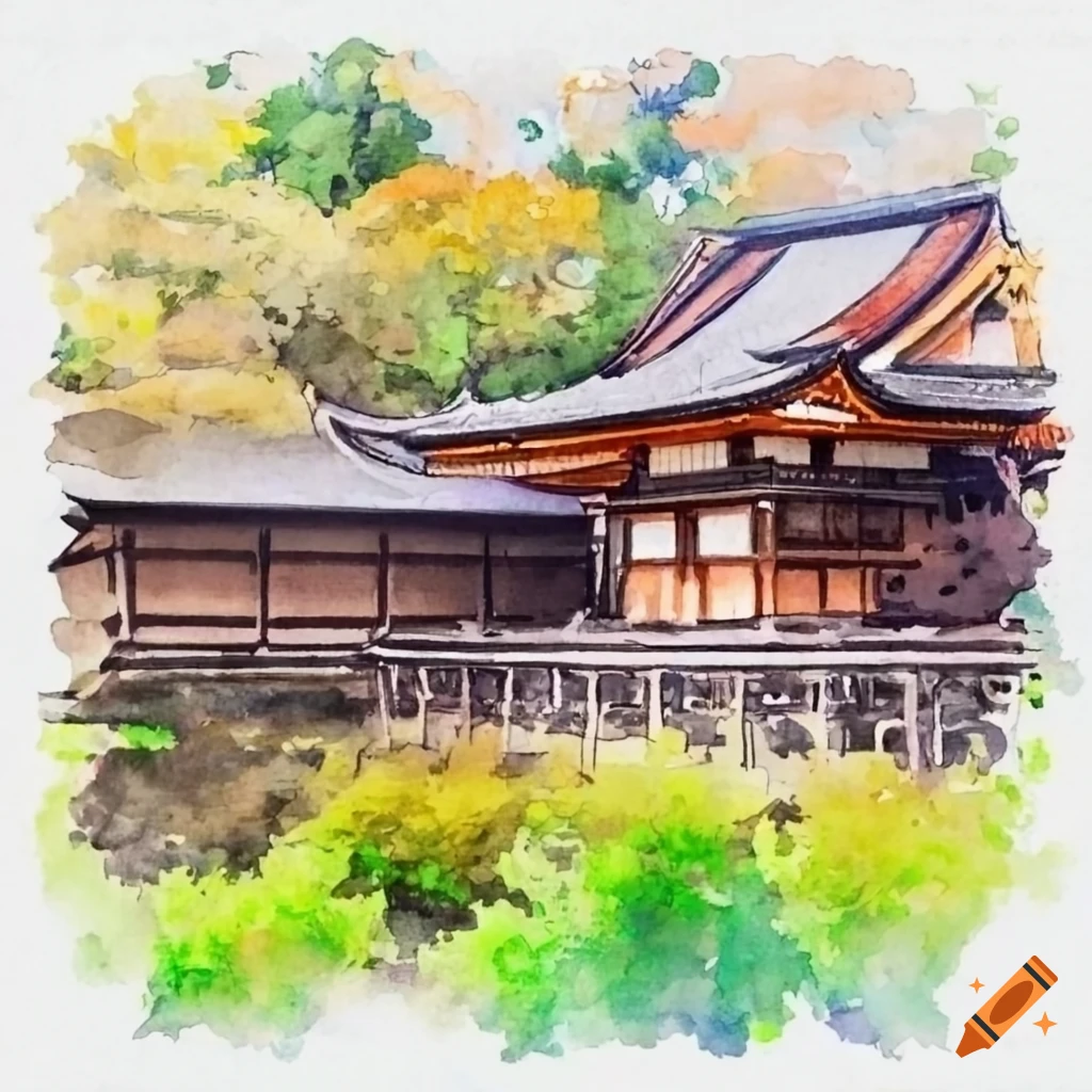 🥇 Wallpaper or mural japanese landscape drawing with temple in watercolor  🥇