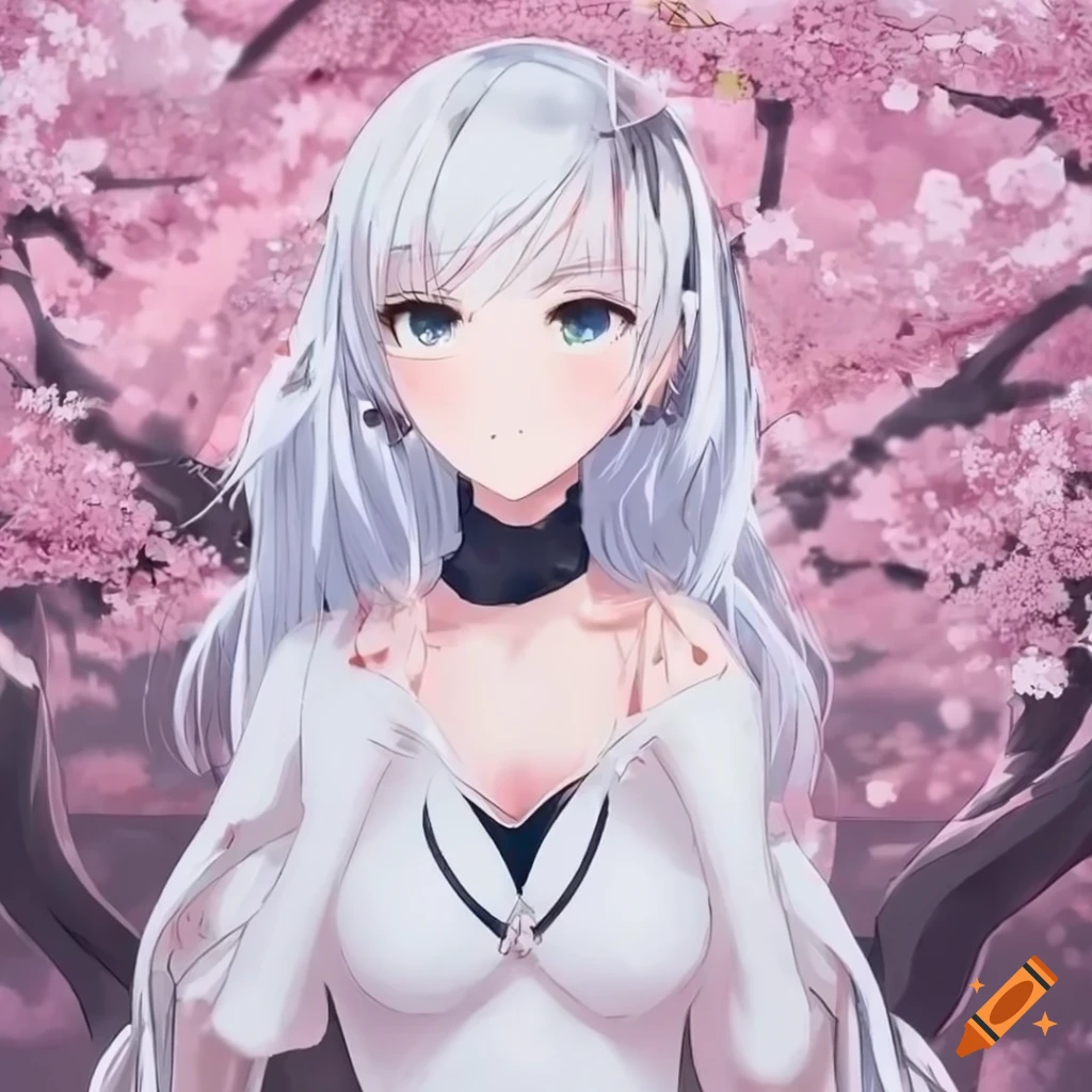 Anime girl with white hair surrounded by cherry blossoms on Craiyon