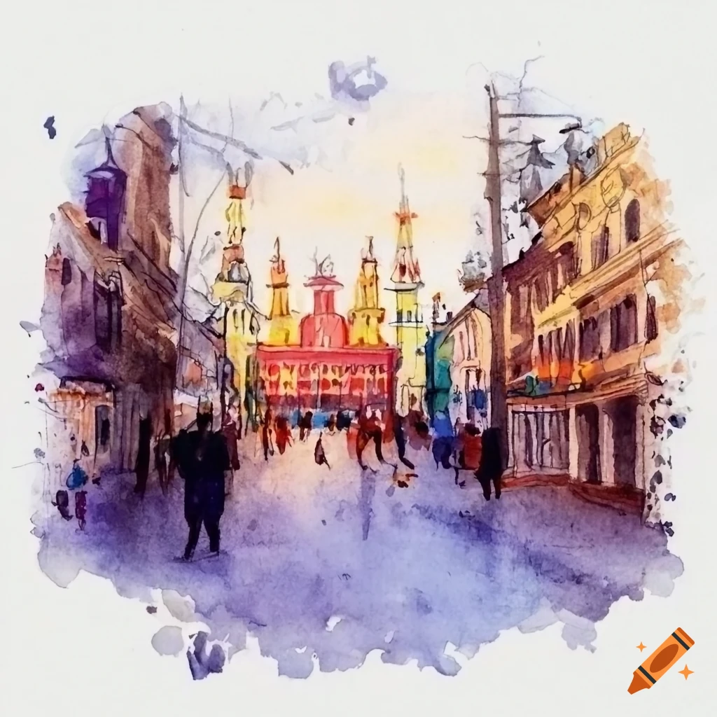 vibrant watercolor painting of Ukrainian cultural scene