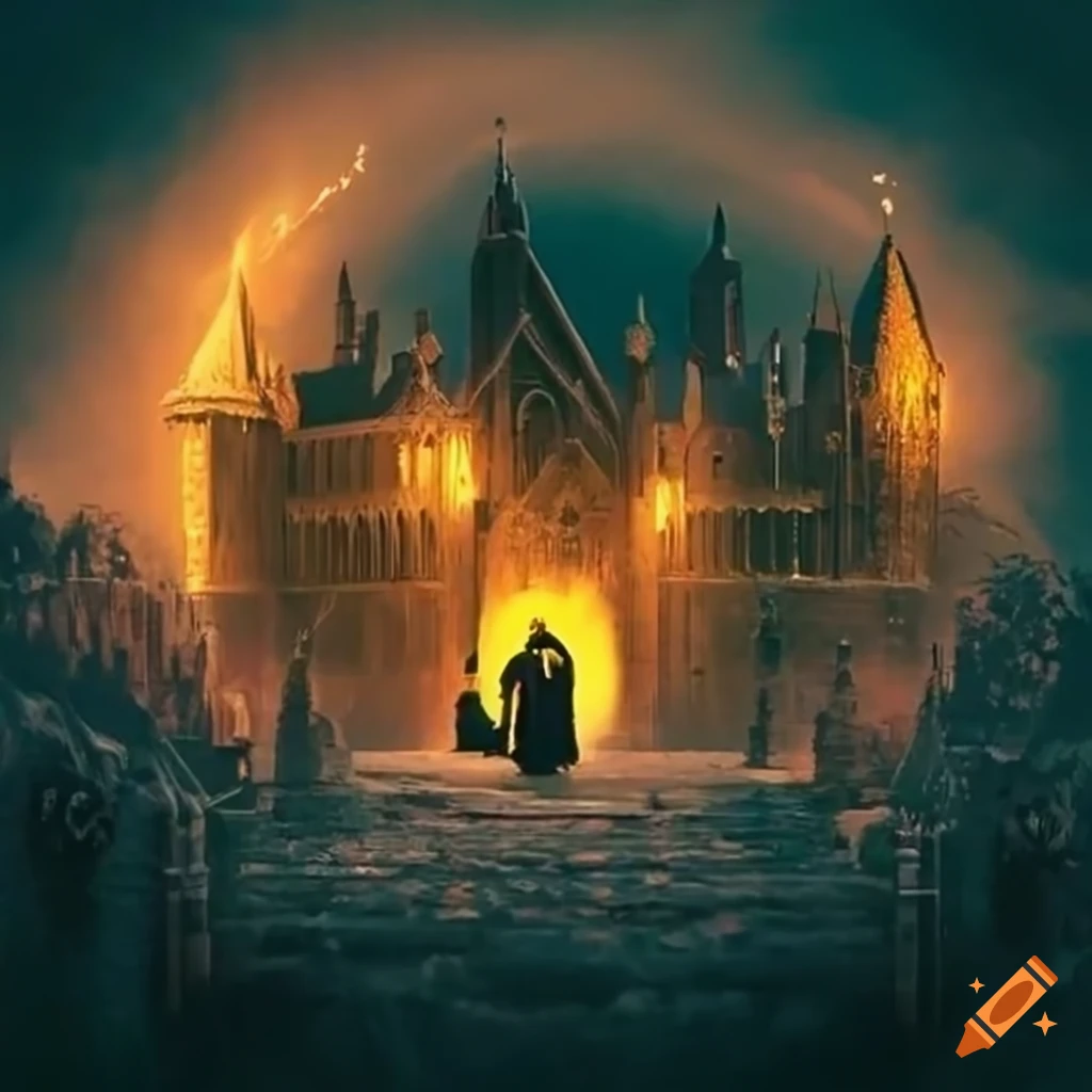 Harry potter scene with hogwarts under attack