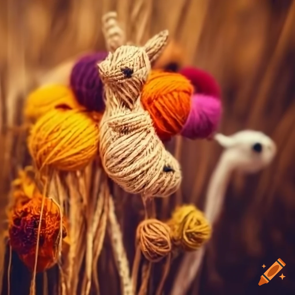 dried flowers and yarn animals in autumn fields