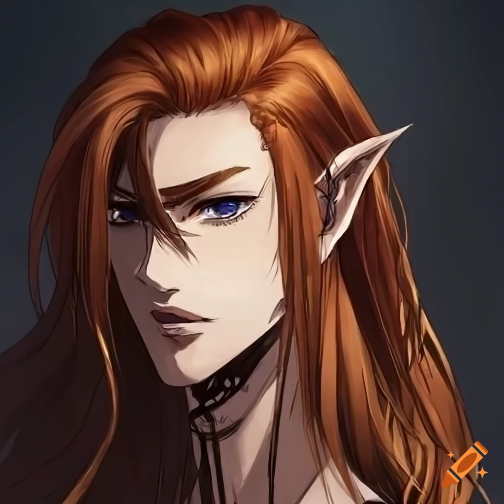 Portrait of a male elf with long copper hair and green eyes on Craiyon